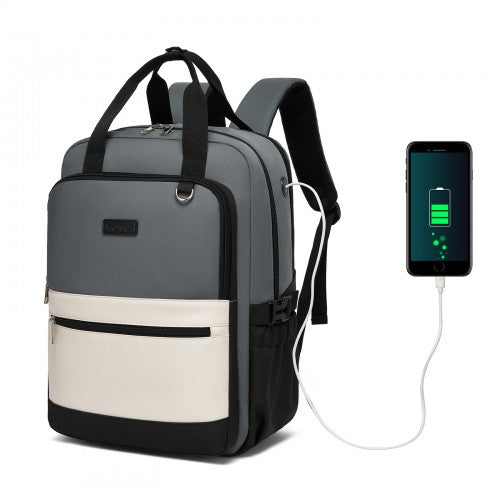 BPK2527 - Kono Functional Water-Resistant Laptop Backpack, Trendy Design with Padded Sleeve and Multiple Practical Compartments - Grey and Beige | Neil's Luggage Store