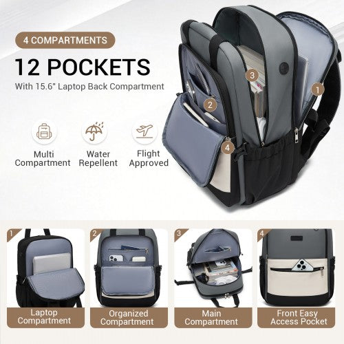 BPK2527 - Kono Functional Water-Resistant Laptop Backpack, Trendy Design with Padded Sleeve and Multiple Practical Compartments - Grey and Beige | Neil's Luggage Store