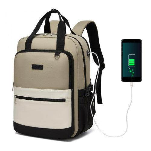 BPK2527 - Kono Functional Water-Resistant Laptop Backpack, Trendy Design with Padded Sleeve and Multiple Practical Compartments - Khaki and Beige | Neil's Luggage Store