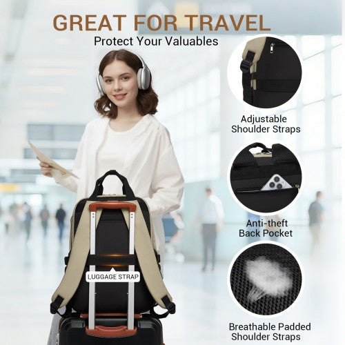 BPK2527 - Kono Functional Water-Resistant Laptop Backpack, Trendy Design with Padded Sleeve and Multiple Practical Compartments - Khaki and Beige | Neil's Luggage Store