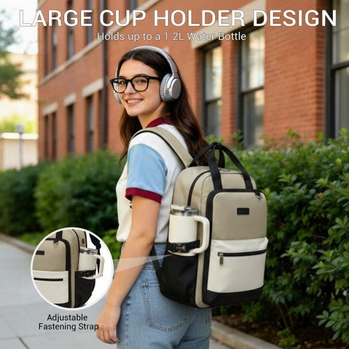 BPK2527 - Kono Functional Water-Resistant Laptop Backpack, Trendy Design with Padded Sleeve and Multiple Practical Compartments - Khaki and Beige | Neil's Luggage Store