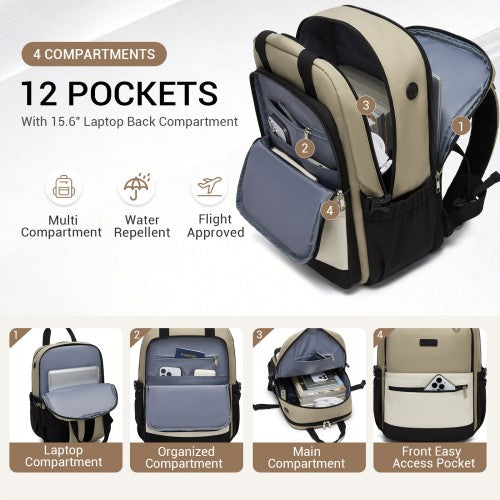 BPK2527 - Kono Functional Water-Resistant Laptop Backpack, Trendy Design with Padded Sleeve and Multiple Practical Compartments - Khaki and Beige | Neil's Luggage Store
