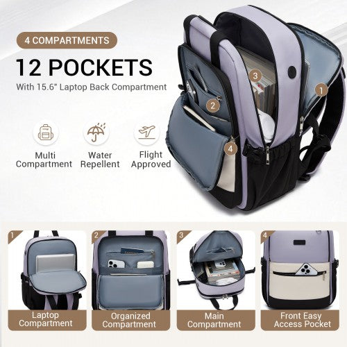 BPK2527 - Kono Functional Water-Resistant Laptop Backpack, Trendy Design with Padded Sleeve and Multiple Practical Compartments - Purple and Beige | Neil's Luggage Store