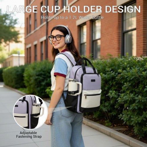 BPK2527 - Kono Functional Water-Resistant Laptop Backpack, Trendy Design with Padded Sleeve and Multiple Practical Compartments - Purple and Beige | Neil's Luggage Store