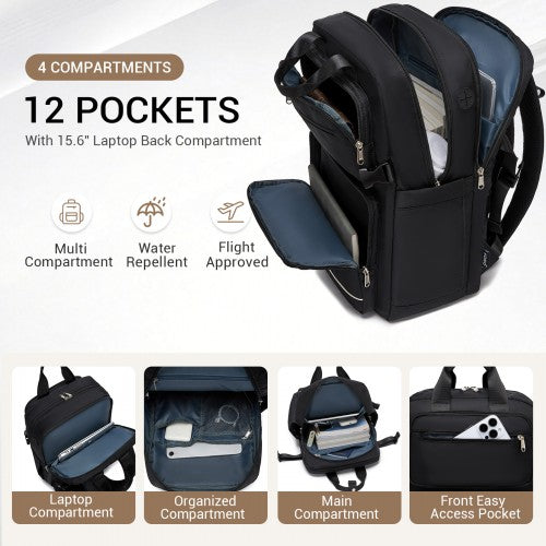 BPK2530 - Kono Spacious Water-Resistant Laptop Backpack for Travel & Commuting - 15.6" Padded Laptop Compartment, Reflective Strip - Black | Neil's Luggage Store