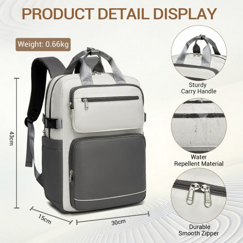 BPK2530 - Kono Spacious Water-Resistant Laptop Backpack for Travel & Commuting - 15.6" Padded Laptop Compartment, Reflective Strip - Beige and Grey | Neil's Luggage Store