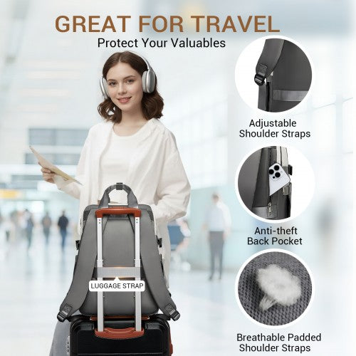 BPK2530 - Kono Spacious Water-Resistant Laptop Backpack for Travel & Commuting - 15.6" Padded Laptop Compartment, Reflective Strip - Beige and Grey | Neil's Luggage Store