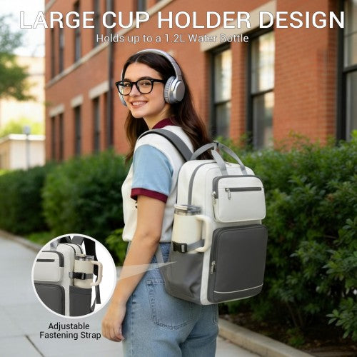 BPK2530 - Kono Spacious Water-Resistant Laptop Backpack for Travel & Commuting - 15.6" Padded Laptop Compartment, Reflective Strip - Beige and Grey | Neil's Luggage Store