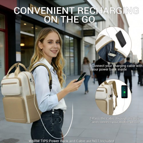 BPK2530 - Kono Spacious Water-Resistant Laptop Backpack for Travel & Commuting - 15.6" Padded Laptop Compartment, Reflective Strip - Beige and Khaki | Neil's Luggage Store
