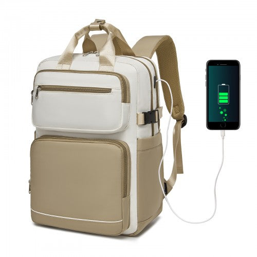 BPK2530 - Kono Spacious Water-Resistant Laptop Backpack for Travel & Commuting - 15.6" Padded Laptop Compartment, Reflective Strip - Beige and Khaki | Neil's Luggage Store