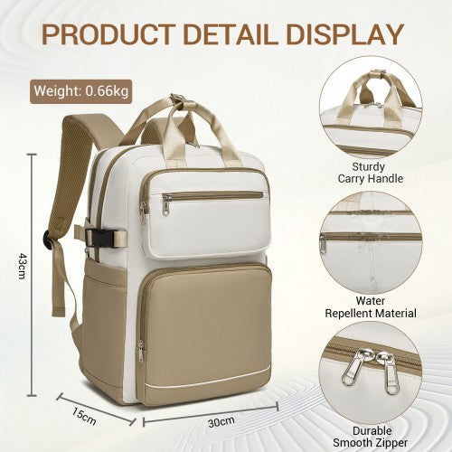 BPK2530 - Kono Spacious Water-Resistant Laptop Backpack for Travel & Commuting - 15.6" Padded Laptop Compartment, Reflective Strip - Beige and Khaki | Neil's Luggage Store