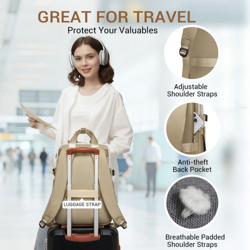 BPK2530 - Kono Spacious Water-Resistant Laptop Backpack for Travel & Commuting - 15.6" Padded Laptop Compartment, Reflective Strip - Beige and Khaki | Neil's Luggage Store