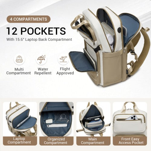 BPK2530 - Kono Spacious Water-Resistant Laptop Backpack for Travel & Commuting - 15.6" Padded Laptop Compartment, Reflective Strip - Beige and Khaki | Neil's Luggage Store