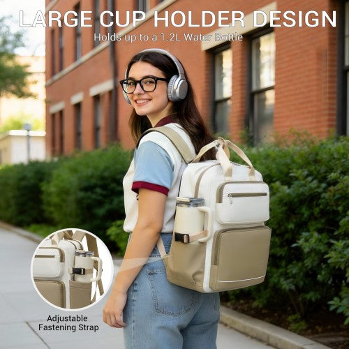 BPK2530 - Kono Spacious Water-Resistant Laptop Backpack for Travel & Commuting - 15.6" Padded Laptop Compartment, Reflective Strip - Beige and Khaki | Neil's Luggage Store