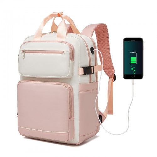 BPK2530 - Kono Spacious Water-Resistant Laptop Backpack for Travel & Commuting - 15.6" Padded Laptop Compartment, Reflective Strip - Beige and Pink | Neil's Luggage Store