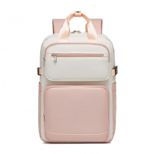 BPK2530 - Kono Spacious Water-Resistant Laptop Backpack for Travel & Commuting - 15.6" Padded Laptop Compartment, Reflective Strip - Beige and Pink | Neil's Luggage Store