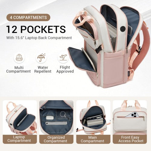 BPK2530 - Kono Spacious Water-Resistant Laptop Backpack for Travel & Commuting - 15.6" Padded Laptop Compartment, Reflective Strip - Beige and Pink | Neil's Luggage Store