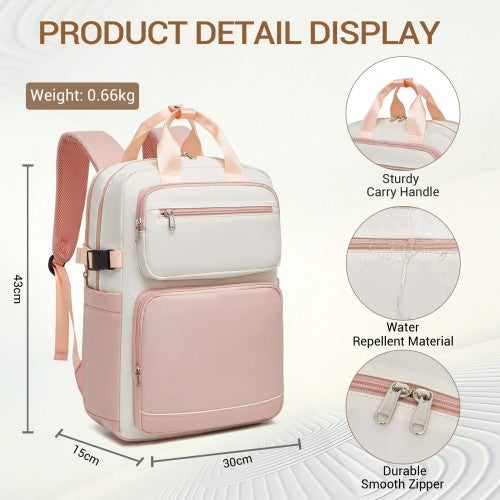 BPK2530 - Kono Spacious Water-Resistant Laptop Backpack for Travel & Commuting - 15.6" Padded Laptop Compartment, Reflective Strip - Beige and Pink | Neil's Luggage Store