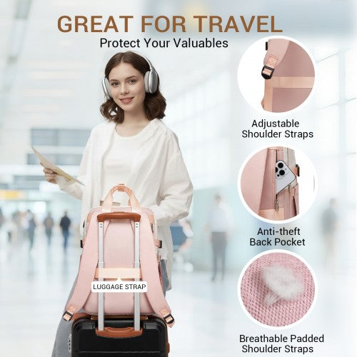 BPK2530 - Kono Spacious Water-Resistant Laptop Backpack for Travel & Commuting - 15.6" Padded Laptop Compartment, Reflective Strip - Beige and Pink | Neil's Luggage Store