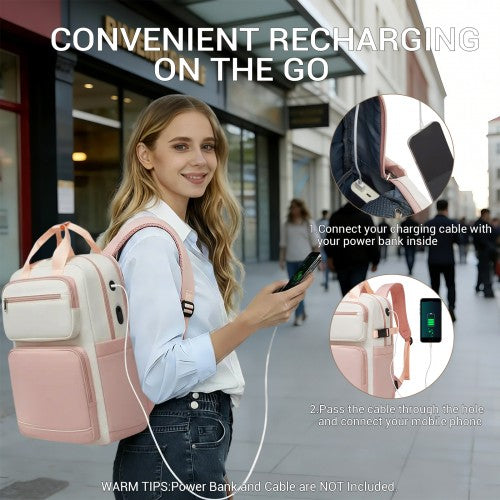 BPK2530 - Kono Spacious Water-Resistant Laptop Backpack for Travel & Commuting - 15.6" Padded Laptop Compartment, Reflective Strip - Beige and Pink | Neil's Luggage Store