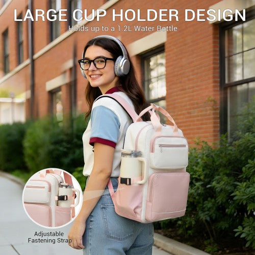 BPK2530 - Kono Spacious Water-Resistant Laptop Backpack for Travel & Commuting - 15.6" Padded Laptop Compartment, Reflective Strip - Beige and Pink | Neil's Luggage Store