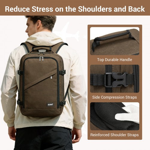 Kono Flexible Cabin Backpack Fits 15.6 Inch Laptop Clamshell Access Brown | Neil's Luggage Store