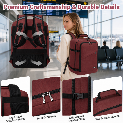 Kono BPK2551 Flexible Cabin Backpack 24L Fits 15.6 Inch Laptop Burgundy | Neil's Luggage Store