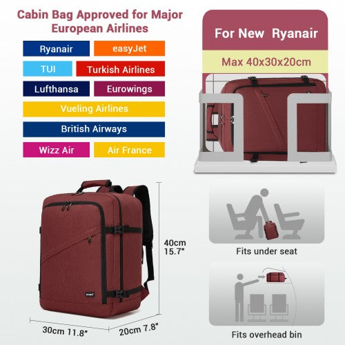 Kono BPK2551 Flexible Cabin Backpack 24L Fits 15.6 Inch Laptop Burgundy | Neil's Luggage Store