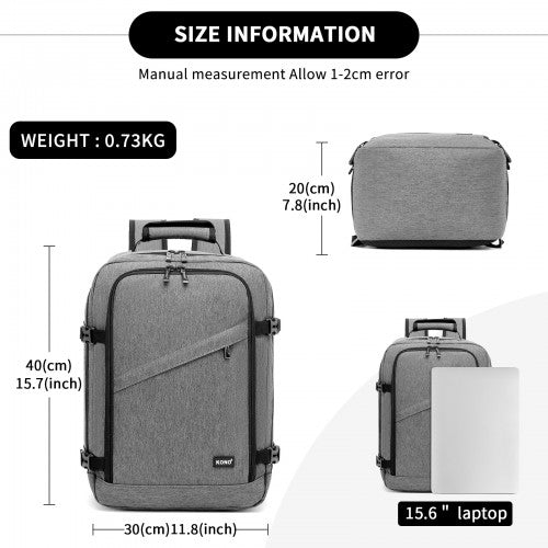BPK2551 - Kono Flexible Cabin Backpack 30×20×40-Fits 15.6" Laptop, Clamshell Access-Great for Holidays, Work Trips & Commuting - Grey | Neil's Luggage Store