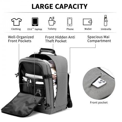 BPK2551 - Kono Flexible Cabin Backpack 30×20×40-Fits 15.6" Laptop, Clamshell Access-Great for Holidays, Work Trips & Commuting - Grey | Neil's Luggage Store