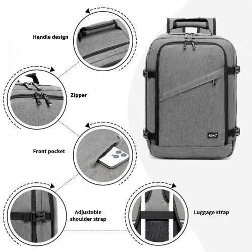 BPK2551 - Kono Flexible Cabin Backpack 30×20×40-Fits 15.6" Laptop, Clamshell Access-Great for Holidays, Work Trips & Commuting - Grey | Neil's Luggage Store