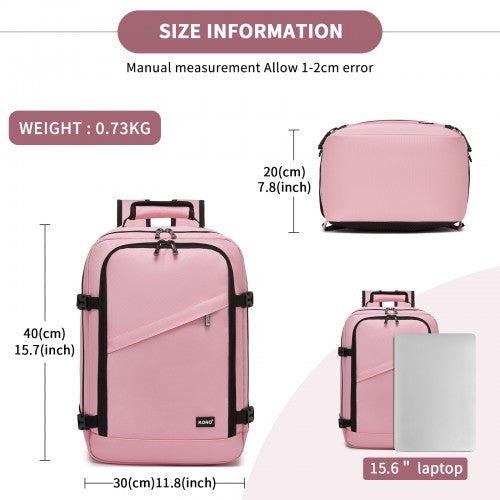 BPK2551 - Kono Flexible Cabin Backpack 30×20×40-Fits 15.6" Laptop, Clamshell Access-Great for Holidays, Work Trips & Commuting - Pink