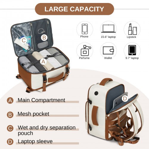 BPK2601- Kono Cabin Travel Backpack 40×20×30 cm – Water-Resistant, Multi-Compartment, Padded Laptop, Anti-Theft, Carry-On Tote - Beige and Brown | Neil's Luggage Store