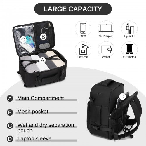 BPK2601- Kono Cabin Travel Backpack 40×20×30 cm – Water-Resistant, Multi-Compartment, Padded Laptop, Anti-Theft, Carry-On Tote - Black | Neil's Luggage Store