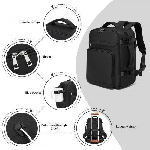 BPK2601- Kono Cabin Travel Backpack 40×20×30 cm – Water-Resistant, Multi-Compartment, Padded Laptop, Anti-Theft, Carry-On Tote - Black | Neil's Luggage Store