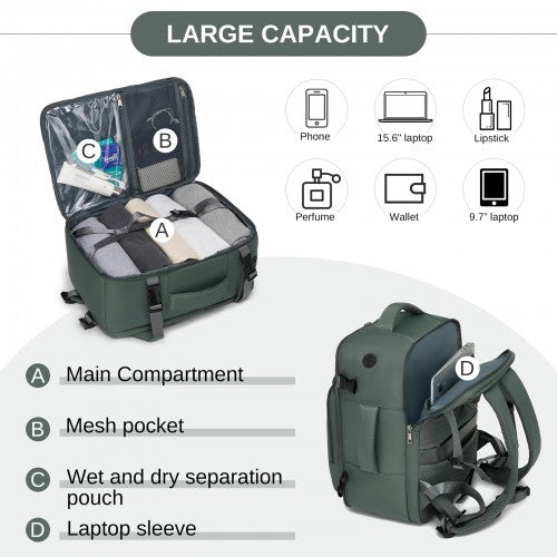BPK2601- Kono Cabin Travel Backpack 40×20×30 cm – Water-Resistant, Multi-Compartment, Padded Laptop, Anti-Theft, Carry-On Tote - Green | Neil's Luggage Store