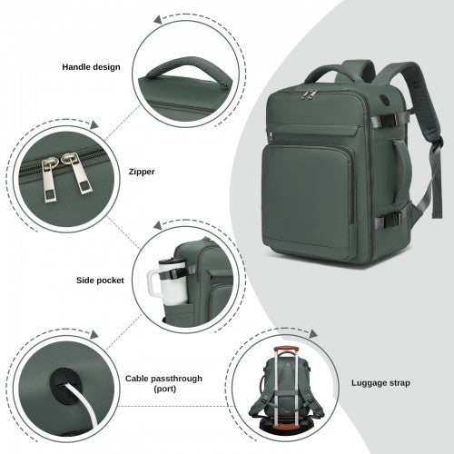 BPK2601- Kono Cabin Travel Backpack 40×20×30 cm – Water-Resistant, Multi-Compartment, Padded Laptop, Anti-Theft, Carry-On Tote - Green | Neil's Luggage Store
