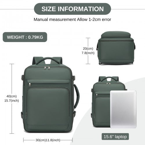 BPK2601- Kono Cabin Travel Backpack 40×20×30 cm – Water-Resistant, Multi-Compartment, Padded Laptop, Anti-Theft, Carry-On Tote - Green | Neil's Luggage Store