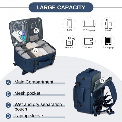 BPK2601- Kono Cabin Travel Backpack 40×20×30 cm – Water-Resistant, Multi-Compartment, Padded Laptop, Anti-Theft, Carry-On Tote - Navy | Neil's Luggage Store