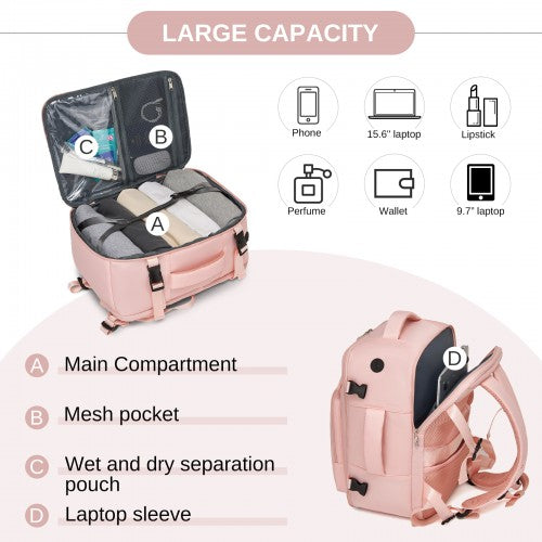 BPK2601- Kono Cabin Travel Backpack 40×20×30 cm – Water-Resistant, Multi-Compartment, Padded Laptop, Anti-Theft, Carry-On Tote - Pink | Neil's Luggage Store