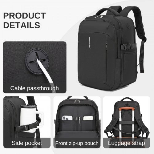 BPK2602- Kono Cabin Approved Carry On Backpack 40×30×20cm, Water Resistant 15.6 Inch Laptop Travel Rucksack with Dry-wet Separation Pouch - Black | Neil's Luggage Store