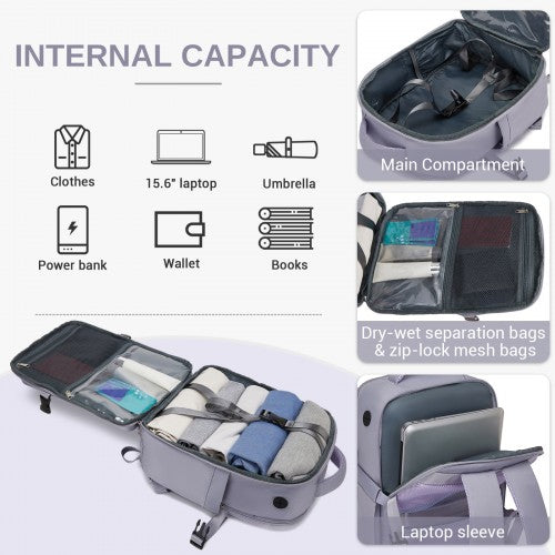 BPK2602- Kono Cabin Approved Carry On Backpack 40×30×20cm, Water Resistant 15.6 Inch Laptop Travel Rucksack with Dry-wet Separation Pouch - Purple | Neil's Luggage Store