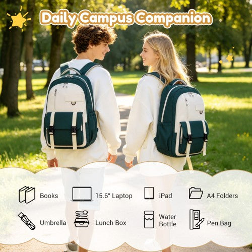 BPK2605 - KONO Durable Water-Resistant Kids Backpack with Padded Laptop Sleeve and Multi-Pocket Organization for School - Green and Beige