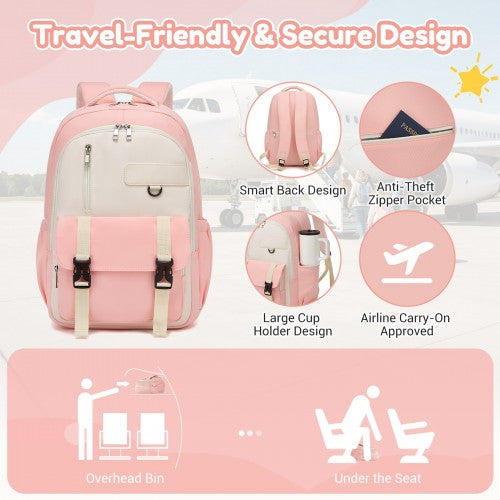 BPK2605 - KONO Durable Water-Resistant Kids Backpack with Padded Laptop Sleeve and Multi-Pocket Organization for School - Pink and Beige