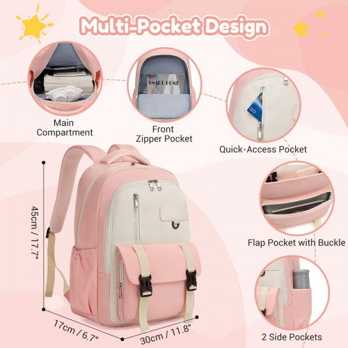 BPK2605 - KONO Durable Water-Resistant Kids Backpack with Padded Laptop Sleeve and Multi-Pocket Organization for School - Pink and Beige