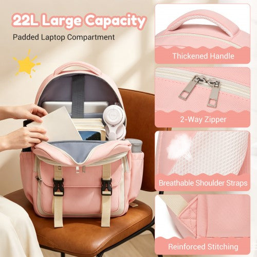 BPK2605 - KONO Durable Water-Resistant Kids Backpack with Padded Laptop Sleeve and Multi-Pocket Organization for School - Pink and Beige