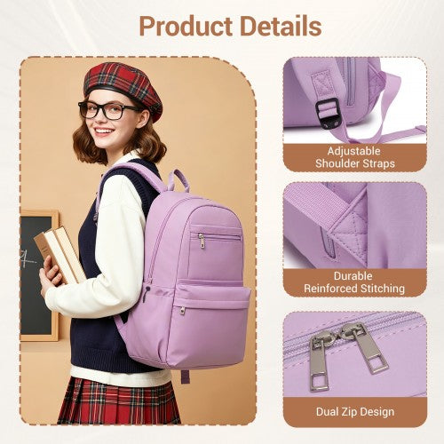 BPK2606 - KONO Stylish Solid-Color Casual Backpack for School and Weekend Trips with Multi-Pocket Storage - Purple | Neil's Luggage Store