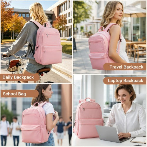 BPK2606 - KONO Stylish Solid-Color Casual Backpack for School and Weekend Trips with Multi-Pocket Storage - Pink | Neil's Luggage Store