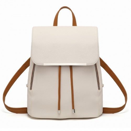 BPM2427 - Miss Lulu Stylish Faux Leather Backpack Secure Daypack with Magnetic Snap Closure Fashionable PU Leather Travel Bag - Beige And Brown | Neil's Luggage Store