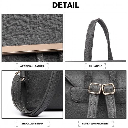 BPM2427 - Miss Lulu Stylish Faux Leather Backpack Secure Daypack with Magnetic Snap Closure Fashionable PU Leather Travel Bag - Grey